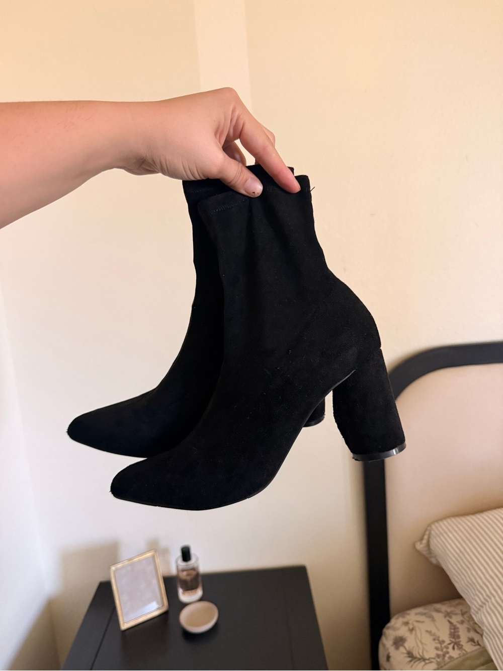 Black Suede Stretch Sock Booties with Block Heel